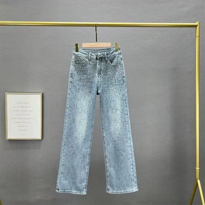 European Jeans For Women New Summer Cotton Elastic High Waist Loose Slim Heavy Hot Diamond Wide Leg Pants Trousers_ecoleips.com