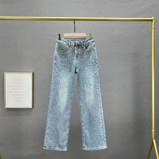 European Jeans For Women New Summer Cotton Elastic High Waist Loose Slim Heavy Hot Diamond Wide Leg Pants Trousers_ecoleips.com