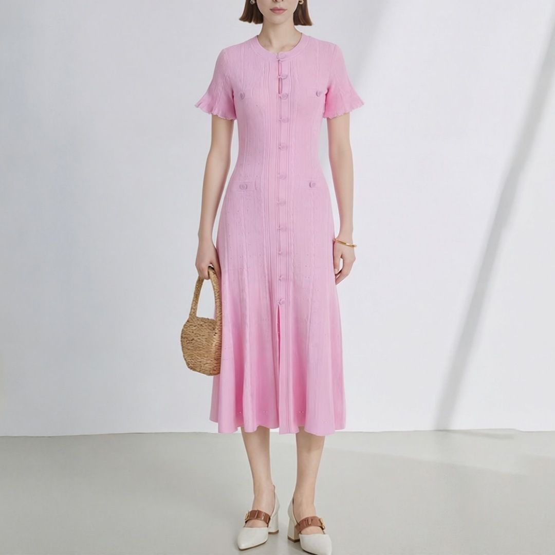 Elegant Round Neck Short Sleeved Knitted Dress High Quality New Summer Style French Socialite Women's Clothing_ecoleips.com