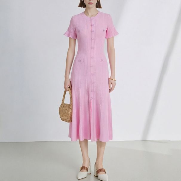 Elegant Round Neck Short Sleeved Knitted Dress High Quality New Summer Style French Socialite Women's Clothing_ecoleips.com