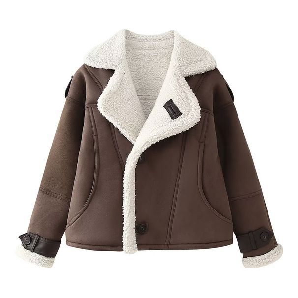 ZYURA Women's Faux Shearling Jacket Winter Coat With Polo Collar - Short Stylish Outerwear In Grey, Brown, Khaki, Black_ecoleips.com