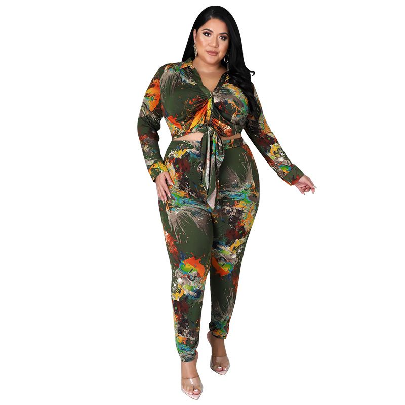 Women's Fall Print Long Sleeve Tops With Pants Set, Tie-Dye Style Casual Two-Piece Outfit, Plus Size Chic Loungewear_ecoleips.com