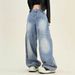 Women's Washed Retro Jeans - Loose BF Fit Wide Leg Casual Pants With Scimitar Design (High Street Style)_ecoleips.com