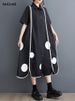 Black Vintage Patchwork Polka Dot Dresses For Women 2025 Summer New Short Sleeve Loose Casual Midi Dress Fashion Elegant Clothes_ecoleips.com