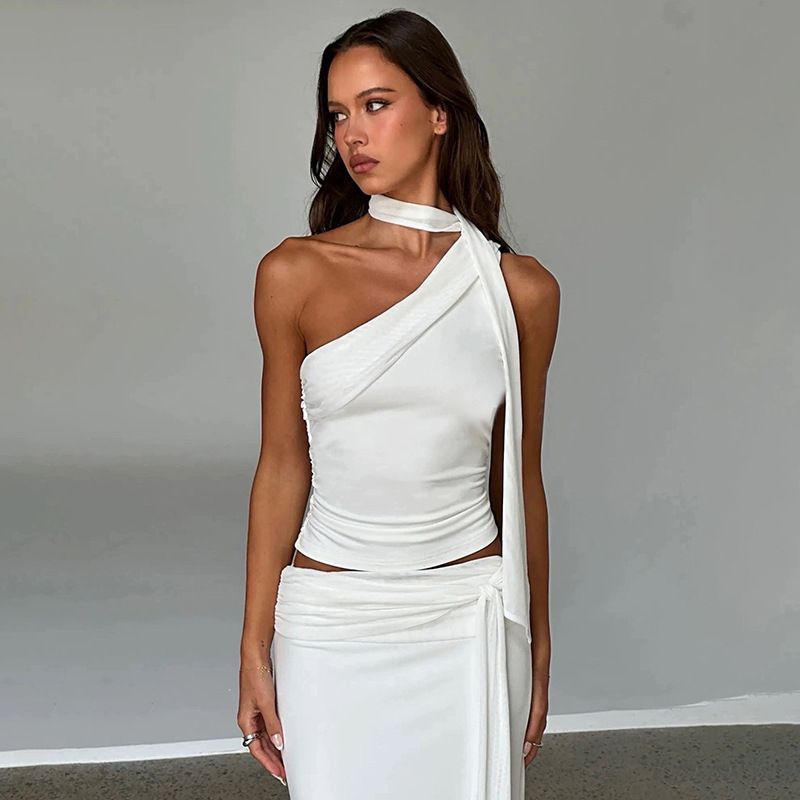 Women's Clothing Sexy Hot Girl Oblique Shoulder Pleated Drawstring Waist Slim Vest_ecoleips.com