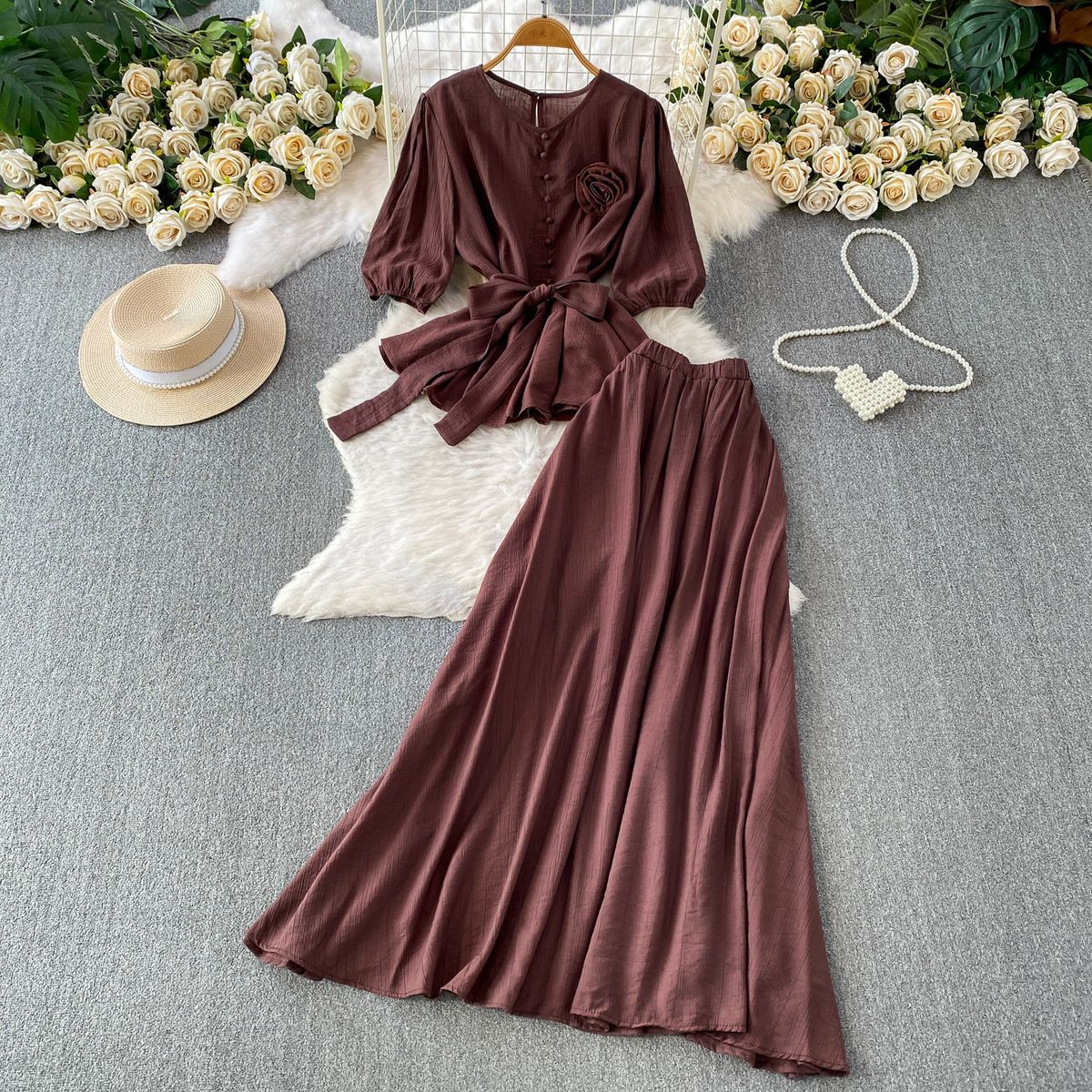 Korean Style Floral Embroidery Tie-Waist Blouse With High-Waist Long Skirt Set, Elegant Puff Sleeve Two-Piece Outfit For Women_ecoleips.com