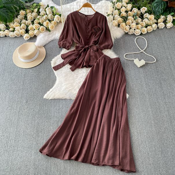 Korean Style Floral Embroidery Tie-Waist Blouse With High-Waist Long Skirt Set, Elegant Puff Sleeve Two-Piece Outfit For Women_ecoleips.com