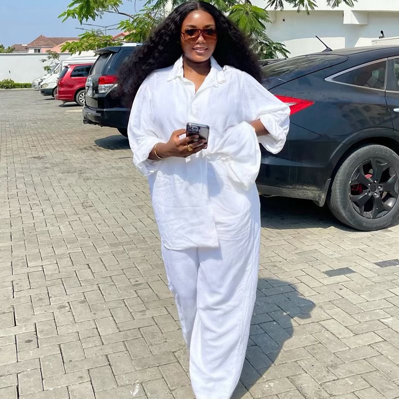 Plus Size American Style Women's Loose Casual Cardigan Collared Long Sleeve Solid Color Top And Trousers Two Piece Set_ecoleips.com