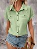 Women's Clothing Solid Color Buckled Lapel Shoulder Pleated Pocket Raglan Short Sleeved Top_ecoleips.com