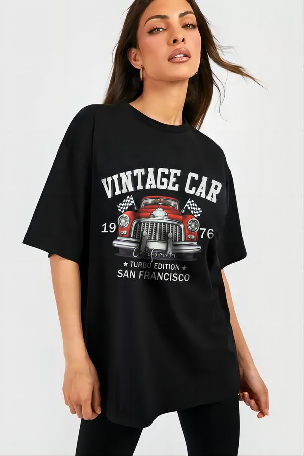 Women's Casual Black T-Shirt round Neck Short Sleeve Cotton Polyester Loose Fit Sporty Top with Car Print European American Style_ecoleips.com