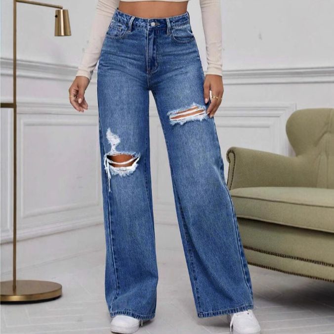 Women's Clothing Versatile Fashion Simple Ripped Ladies Wide Leg Pants_ecoleips.com