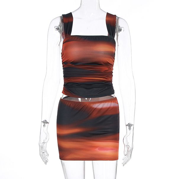 Women Rainbow Print Two Piece Set Sexy Fashion Spaghetti Strap Crop Top Bodycon Mini Skirt Casual Party Dress Outfit_ecoleips.com