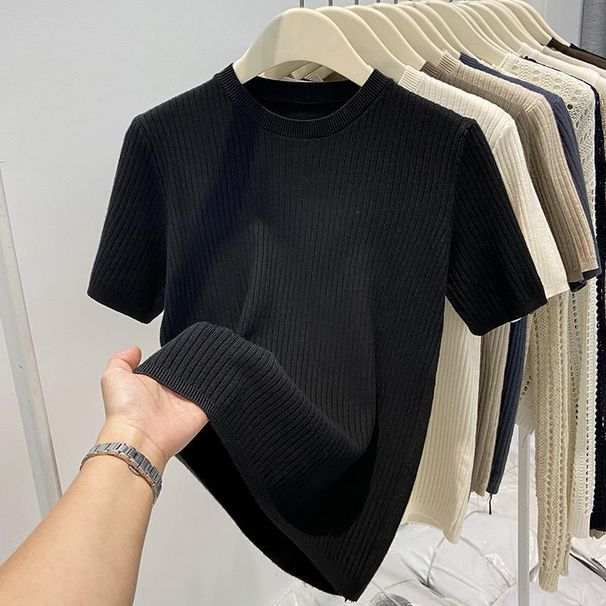 Women's Slim Fit Viscose Knit Top – Soft Round Neck Short Sleeve Pullover For Casual & Office Wear (Black, Beige, Oatmeal, Light Brown, Dusty Blue)_ecoleips.com