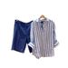 Women's French Style Sun Protective Shirt Blue White Striped Ramie Loose Fit Elegant High Count Linen Top_ecoleips.com