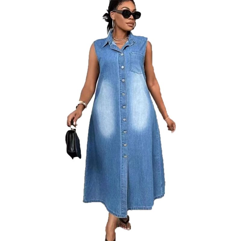 Women's Sleeveless Single-Breasted Denim Dress Casual Lapel Long Maxi Retro French Style Summer New Dress_ecoleips.com