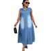 Women's Sleeveless Single-Breasted Denim Dress Casual Lapel Long Maxi Retro French Style Summer New Dress_ecoleips.com