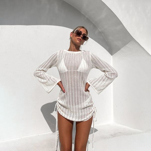 Women's Hollow Side Straps round Neck Backless Sunscreen Beach Blouse Dress Cross Border Foreign Trade Hot Selling_ecoleips.com