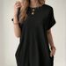 European And American 2025 Casual Solid Color Round Neck Bat Sleeve Invisible Pocket Loose Short Sleeve Dress_ecoleips.com