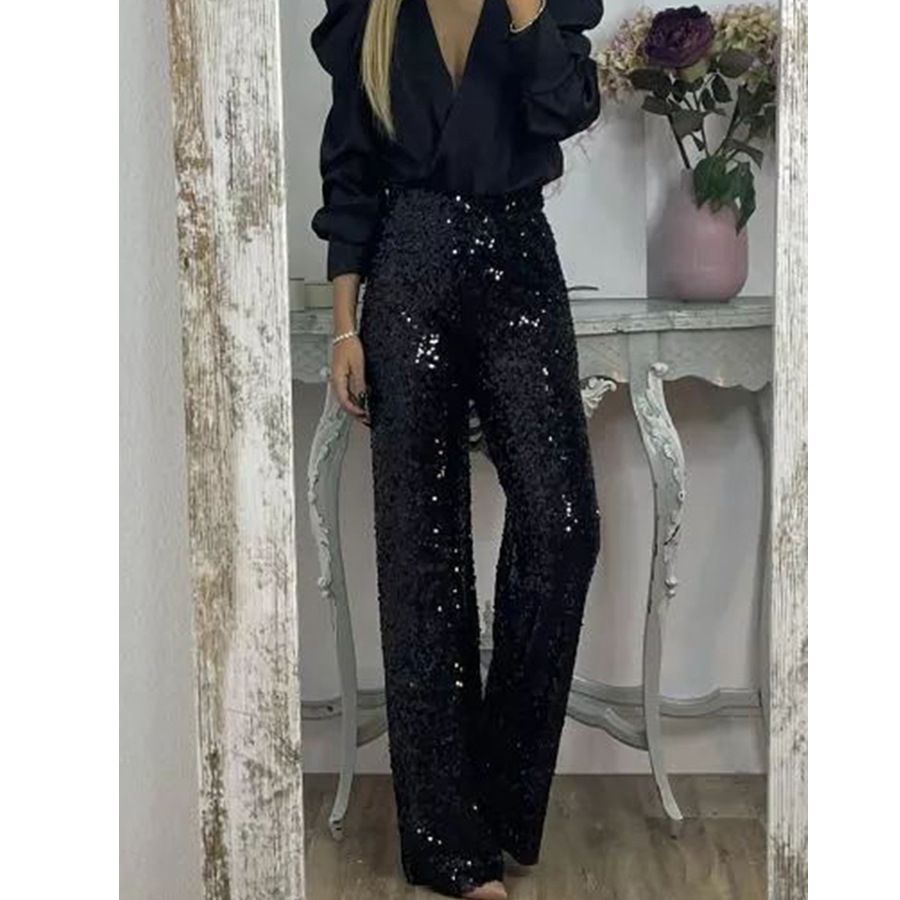 Cross border 2024 European and American spring and summer new party sequined bell bottom pants INS casual slim elastic multi color bell bottom pants_ecoleips.com