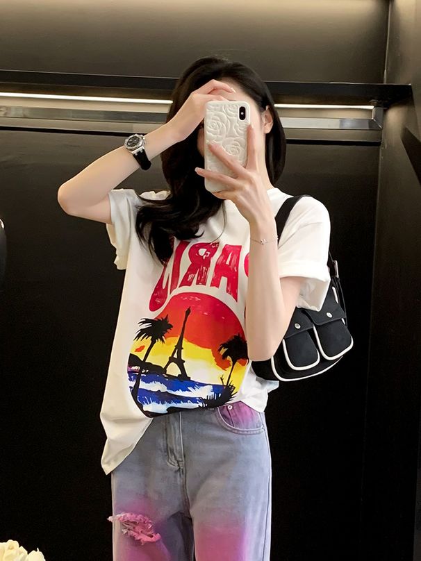 Women's Clothing Fashion Suit Summer, Loose Sportswear, Internet Celebrity Street Style, Short Sleeved T Shirt, Denim Straight Pants, Two Piece Suit_ecoleips.com