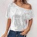plus Size Women's Sequined Top Loose Off Shoulder Double Layer Casual Solid Color T-Shirt Women's Clothing_ecoleips.com