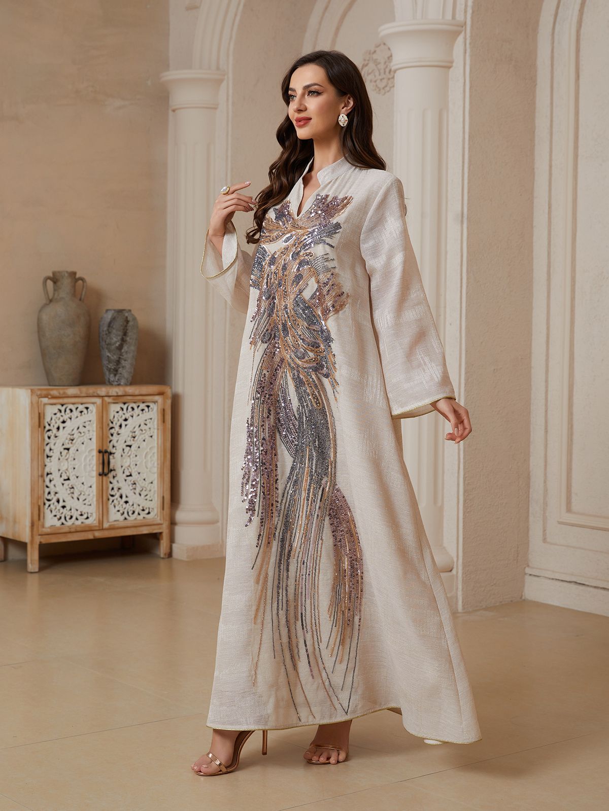 NC64 Mesh Embroidery Sequined Long Skirt Abaya Cross Border Dress for Women Muslim Fashion_ecoleips.com