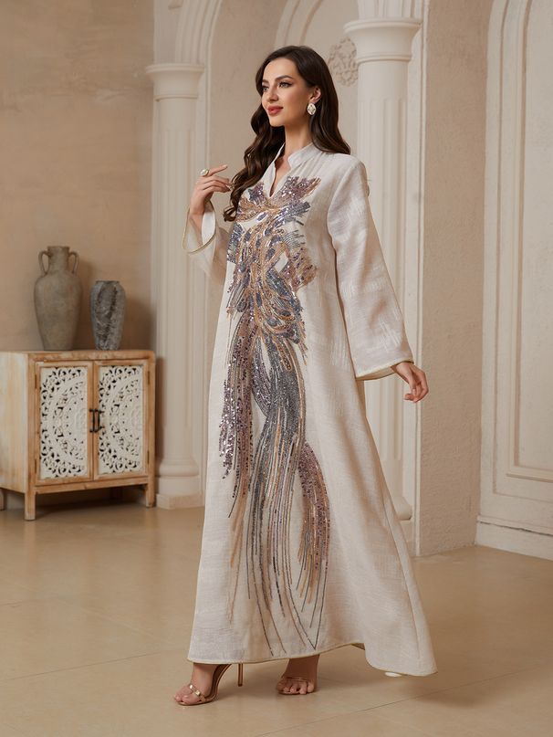 NC64 Mesh Embroidery Sequined Long Skirt Abaya Cross Border Dress for Women Muslim Fashion_ecoleips.com