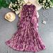 Women's French Style Elegant V Neck Dress Bow Bell Sleeve Fitted Waist Shimmering Print Ruffled Hem_ecoleips.com