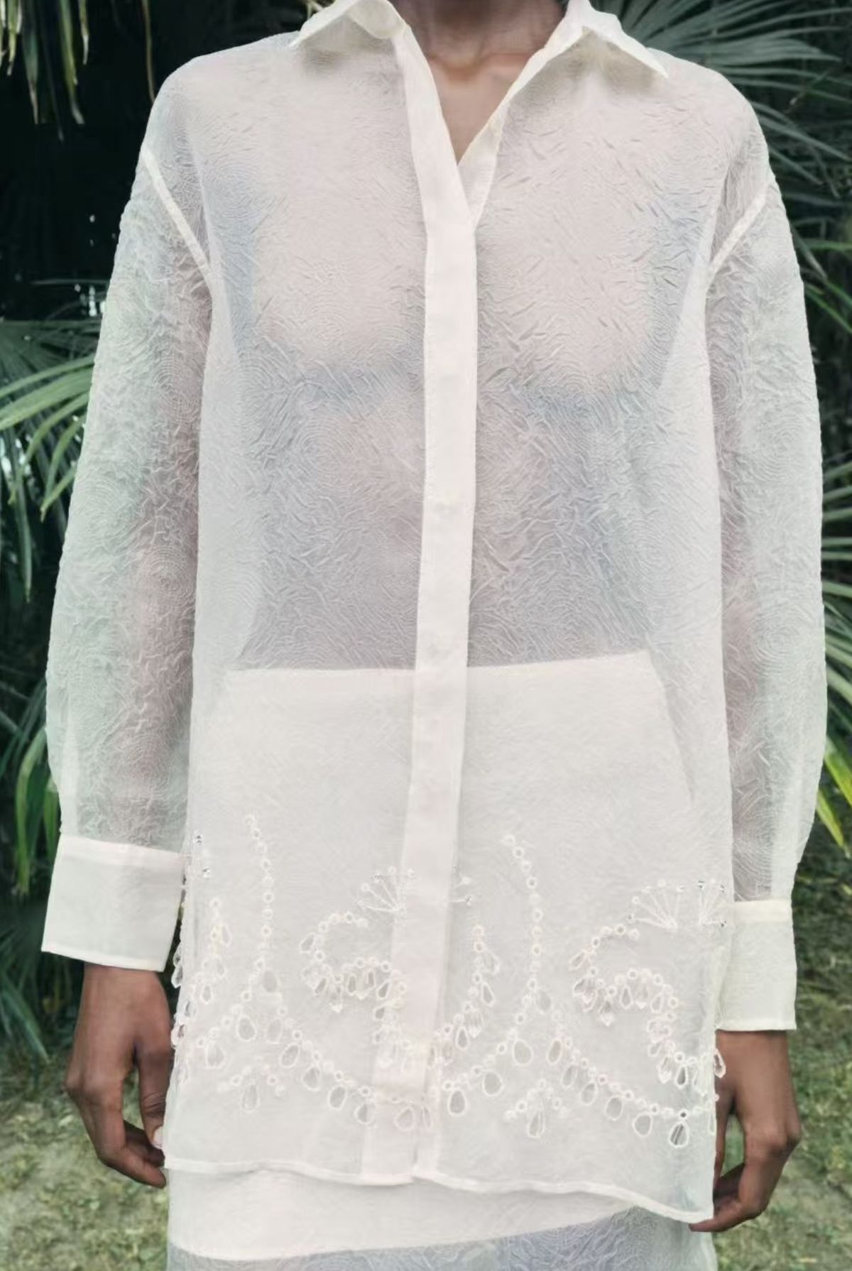 Original - Women's Sheer Embroidered Pleated Silk Mesh Long Sleeve Loose Fit Blouse Shirt_ecoleips.com