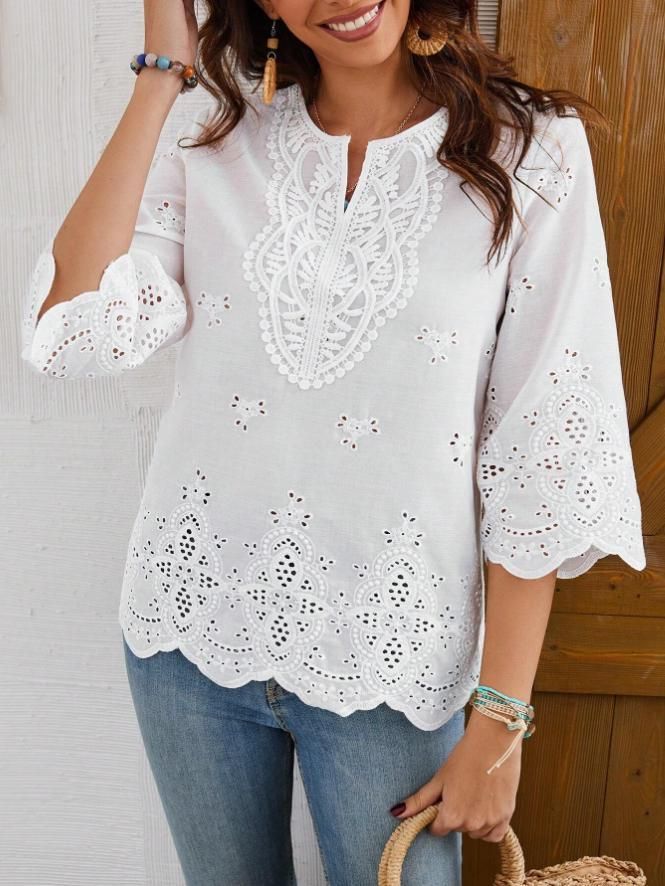 Women's Clothing Fashion Sexy Lace V Neck Spring And Summer New Three Quarter Sleeve Shirt_ecoleips.com