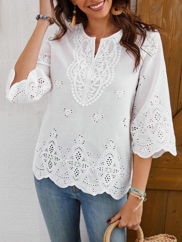 Women's Clothing Fashion Sexy Lace V Neck Spring And Summer New Three Quarter Sleeve Shirt_ecoleips.com