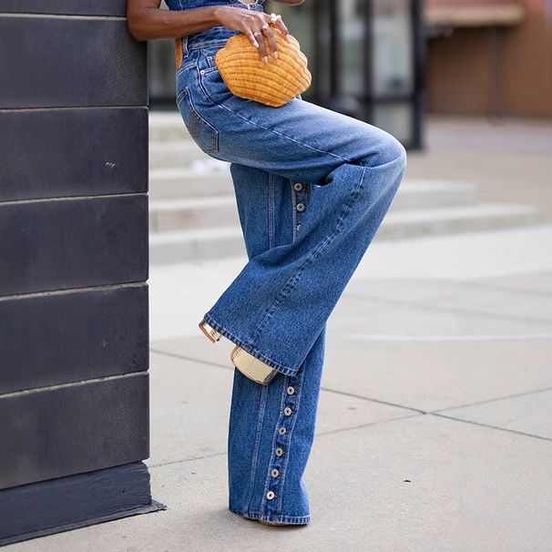 Women's High-Waisted Button-Fly Jeans – Raw Hem Distressed Denim Pants, Loose Fit Streetwear Style (Blue, S-4XL)_ecoleips.com