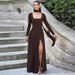 Foreign Trade Women's 2025 Autumn Fashion Sexy Color-Block U-Neck Solid Color Slit Long Sleeve Dress Wholesale_ecoleips.com