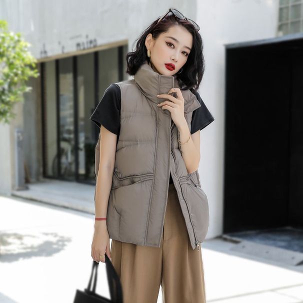Women's Quilted Sleeveless Down Vest, Lightweight Winter Puffer Gilet With Stand Collar, Slim Fit Fleece Lined Jacket For Layering_ecoleips.com