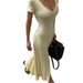 Women's Clothing Spring/Summer V Neck Slit Long Dress Style Short Sleeved Knitted Slim Fit For Women For Formal & Casual_ecoleips.com