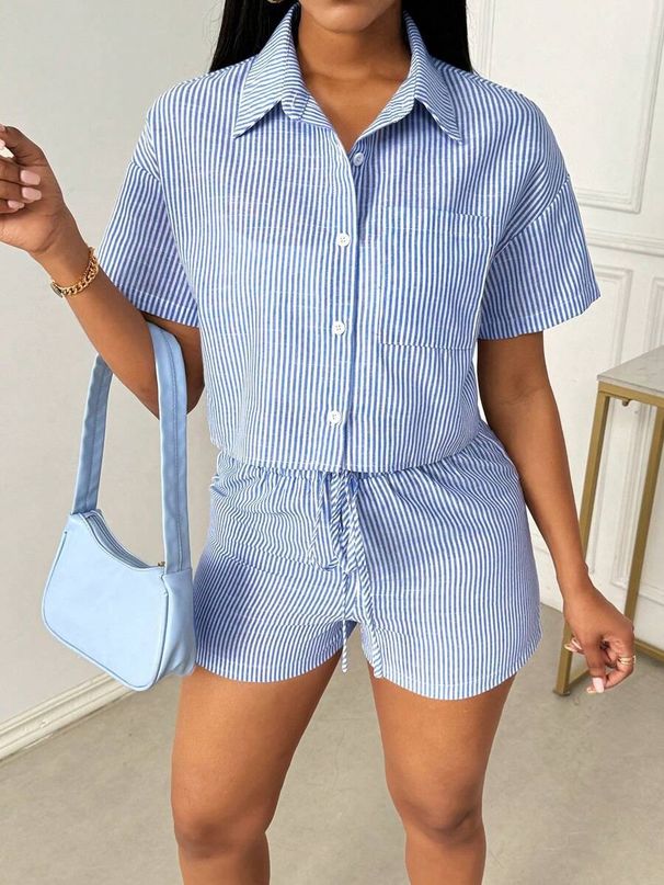 Women's Clothing Trend Lapel Casual Striped Shirt Short Sleeved Shorts Two Piece Suit For Women_ecoleips.com