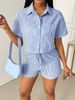 Women's Clothing Trend Lapel Casual Striped Shirt Short Sleeved Shorts Two Piece Suit For Women_ecoleips.com