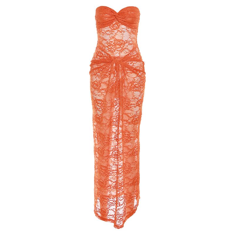 INS European And American Style 2023 Summer New Women's Fashion Sexy Strapless Lace Sheer Slim Fit Bodycon Dress_ecoleips.com