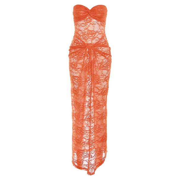 INS European And American Style 2023 Summer New Women's Fashion Sexy Strapless Lace Sheer Slim Fit Bodycon Dress_ecoleips.com