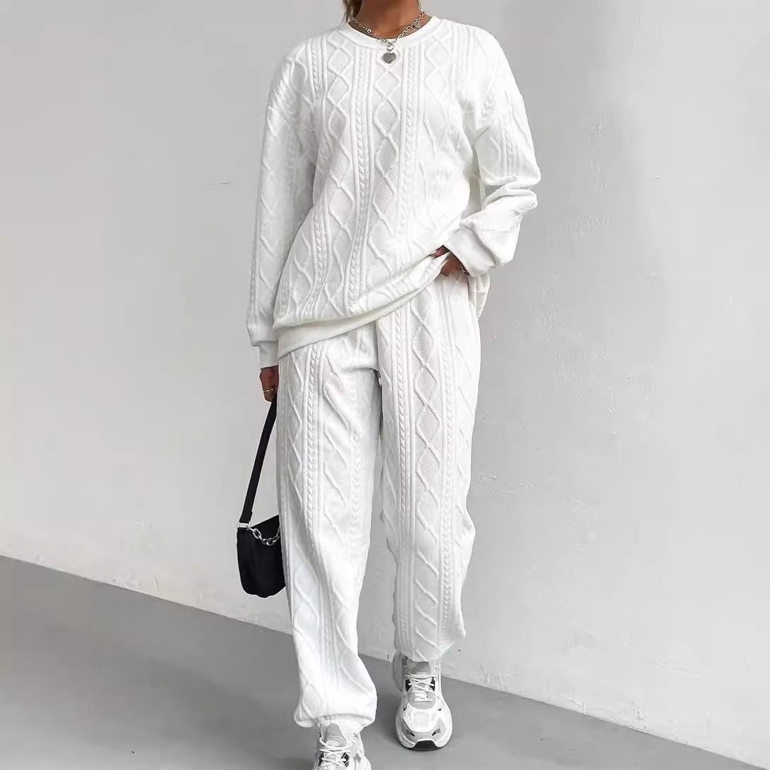 Women's Clothing Cable Knit Patchwork Top With Long Sleeves Round Neck Two Piece Set Casual Fashion For Spring Autumn_ecoleips.com