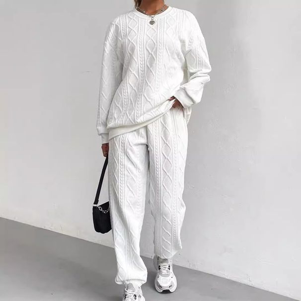 Women's Clothing Cable Knit Patchwork Top With Long Sleeves Round Neck Two Piece Set Casual Fashion For Spring Autumn_ecoleips.com