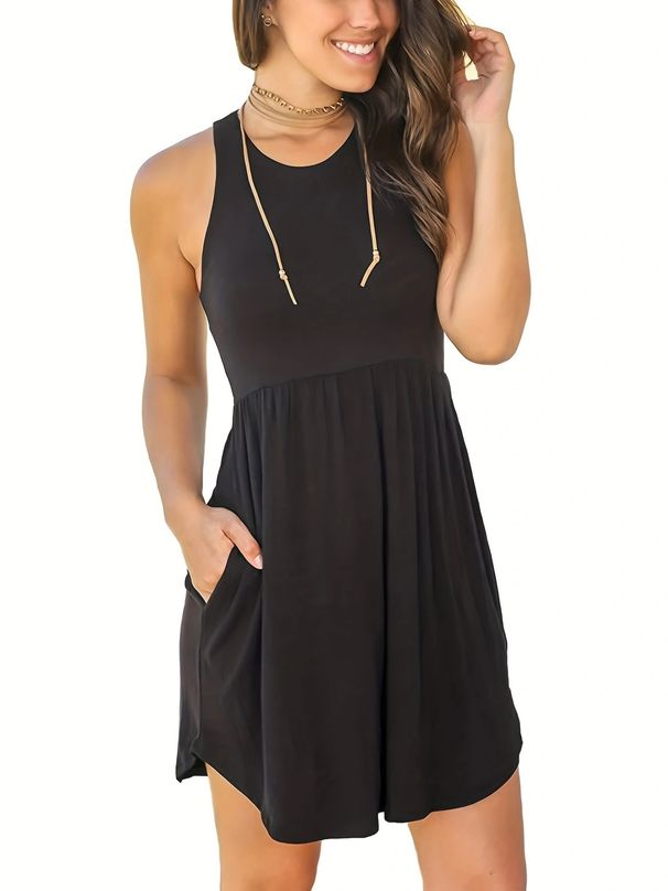 Women's Comfortable And Casual Round-Neck Sleeveless Vest Pocket Solid Color Plus-Size Dress_ecoleips.com