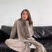 K High Neck Split Sweater Set For Women, Loose And Casual, Lazy Knitted Pants Two-piece Set_ecoleips.com