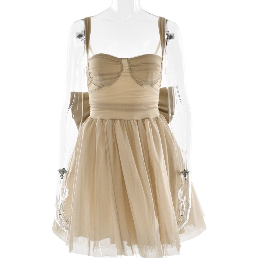 Women Elegant Formal Dress, Strappy Spaghetti Strap & Bandeau Design, Shiny Glitter Fabric, Bow Detail, Slim‑Fit Flared A‑Line Silhouette_ecoleips.com