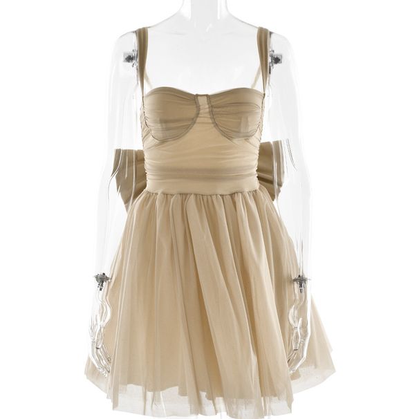 Women Elegant Formal Dress, Strappy Spaghetti Strap & Bandeau Design, Shiny Glitter Fabric, Bow Detail, Slim‑Fit Flared A‑Line Silhouette_ecoleips.com