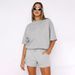 K New Solid Color Round Neck Pullover Mid Sleeve Top For Women's Fashion Casual Shorts Set_ecoleips.com