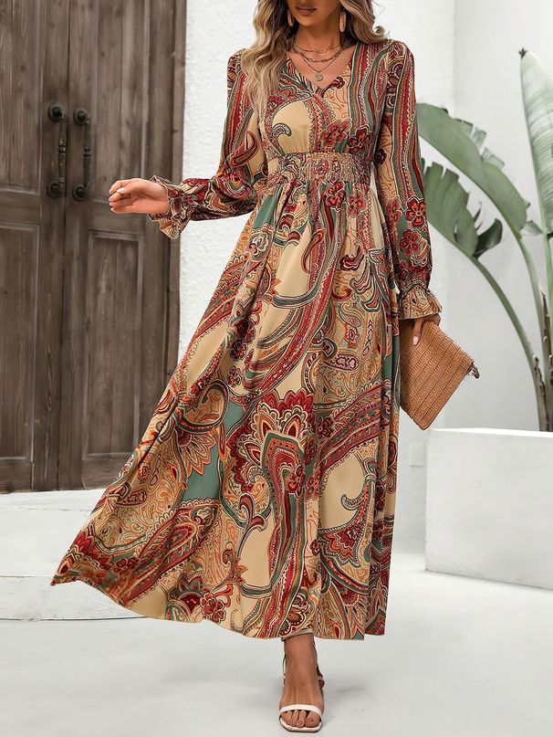 Women's Clothing Printing Fashion All Match V Neck Long Sleeved Big Swing Dress_ecoleips.com