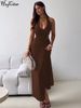 Hugcitar Halter V Neck Backless Ruched Sexy Bodycon Maxi Prom Dress Summer Women Fashion Clothes Evening Party Birthday Vacation_ecoleips.com