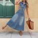 Chic Washable Denim Maxi Dress For Teens, Sleeveless Shirtdress With High Waist And Off-Shoulder Design For Casual Outings_ecoleips.com