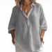 Spring And Summer New Solid Color Casual Loose Large Size V-neck Long-sleeved Blouse_ecoleips.com